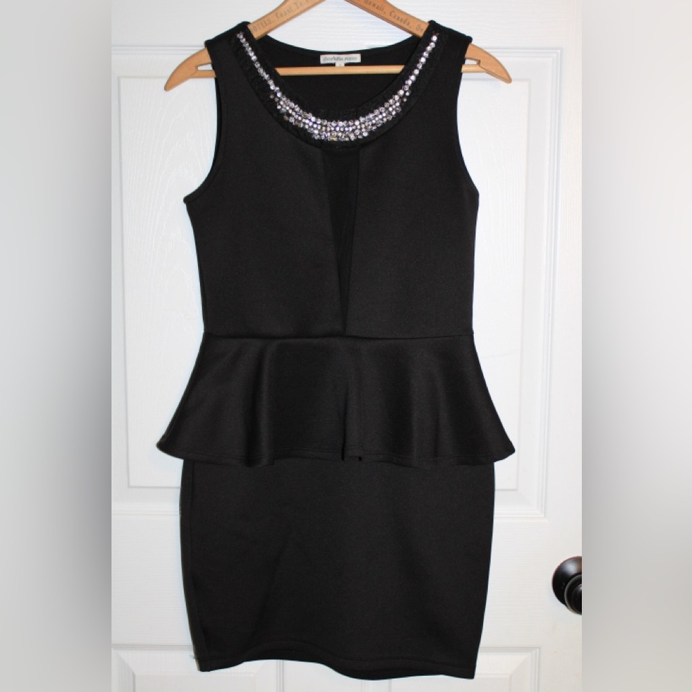 Charlotte Russe Black Peplum Mini Dress with Rhinestone Neckline Women’s Size M